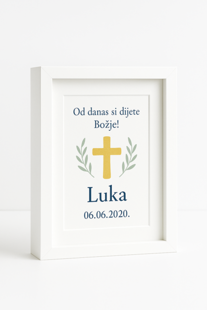 Bijeli personalizirani okvir za krštenje sa zlatnim križem, 21 × 30 cm