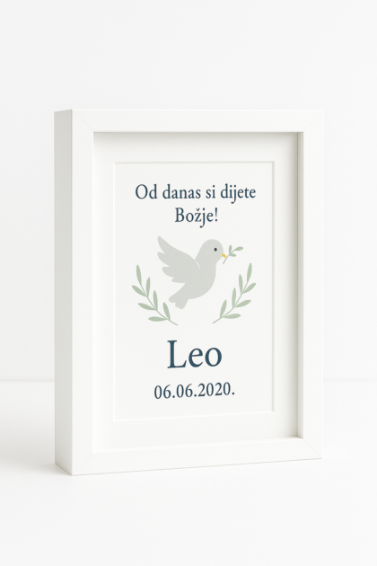 Personalizirani bijeli okvir za krštenje s golubicom i maslinovim grančicama, 21 × 30 cm