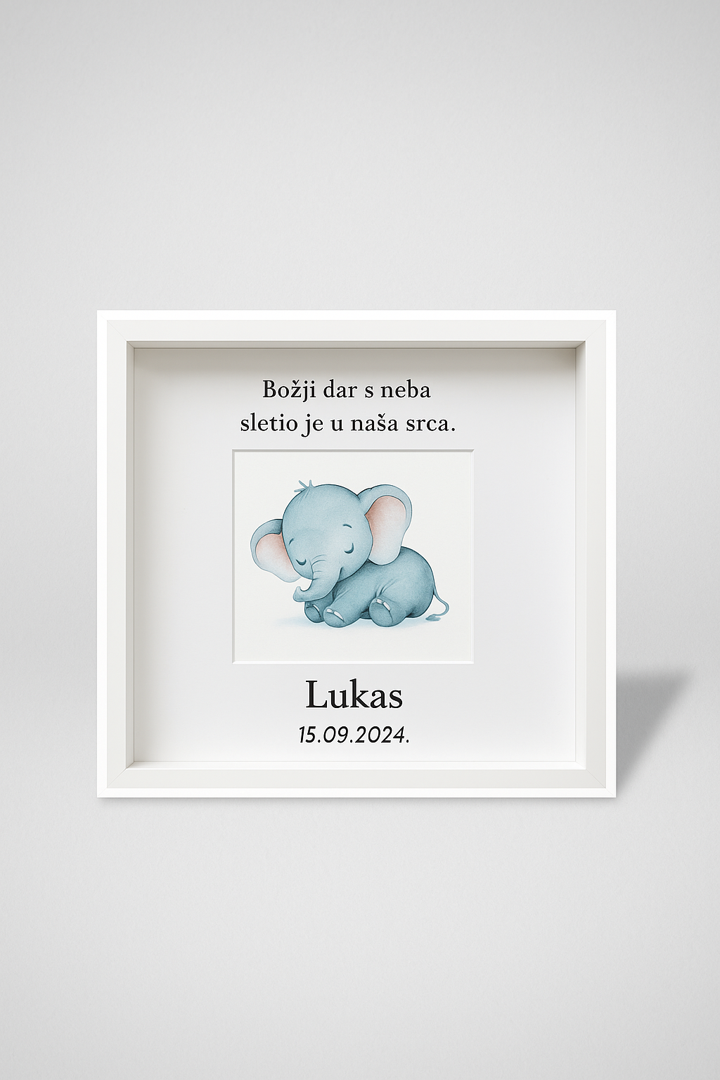 Personalizirani bijeli okvir za rođenje s imenom djeteta i datumom, 25 × 25 cm