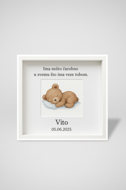 Bijeli okvir za rođenje djeteta s imenom, citatom i datumom, 25 × 25 cm